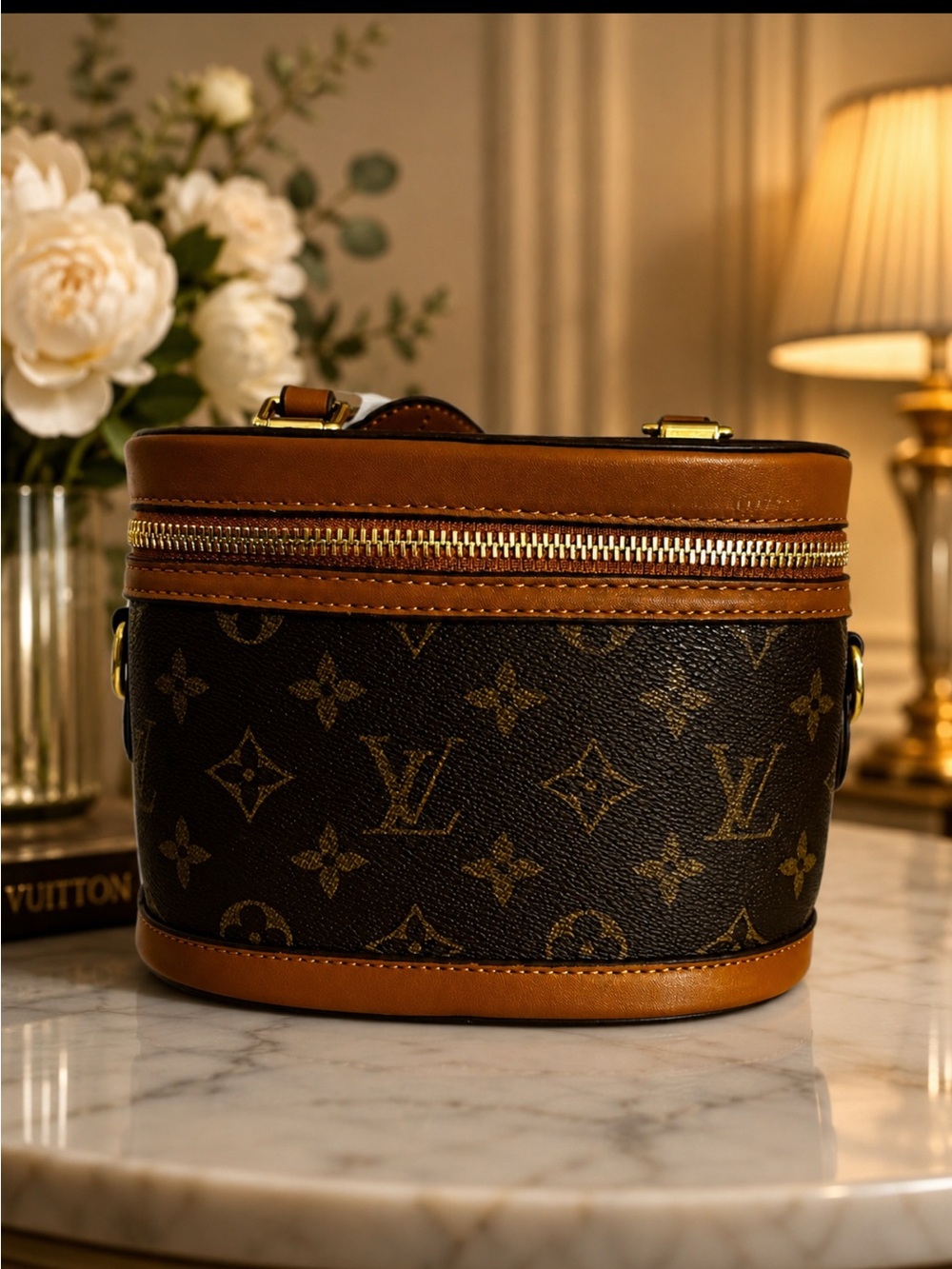 Monogram Vanity Case in Brown/Tan with Crossbody strap